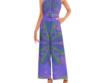 Mediterranean Style Halter Neck Jumpsuit Featuring Kaleidoscope Pattern