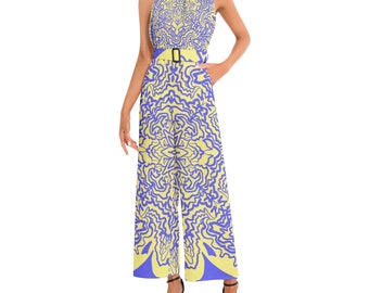 Neckholder-Jumpsuit mit Schnalle und Gürtel, inspiriert von der Amalfiküste: Blau, Gelb, Kaleidoskop, abstrakt, Urlaub, Kreuzfahrt, Resort, schmeichelhaft