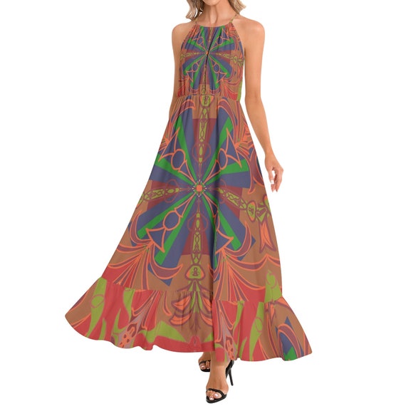Mediterranean Style Ruffle Hem Halter Neck Maxi Dress Mediterranean Style Ruffle Hem Halter Neck Maxi Dress