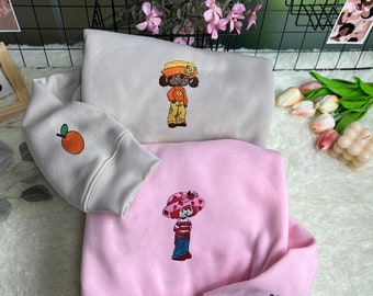 Strawberry Shortcake And Orange Blossom Embroidery Sweatshirt; Strawberry Cute Animation Y2K Trendy Embroidered Crewneck Sweatshirt