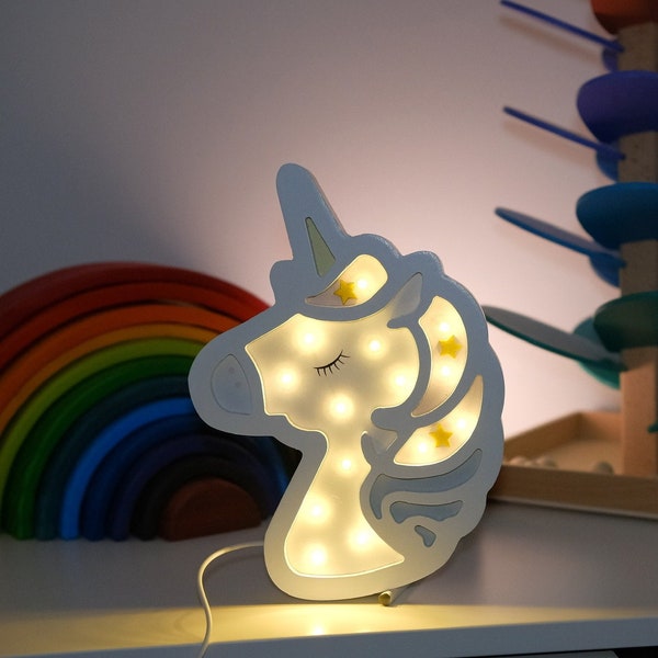 Nachtlicht aus Holz | Einhorn | Lampe | USB-A Anschluss | zum aufhängen oder -stellen im Kinderzimmer