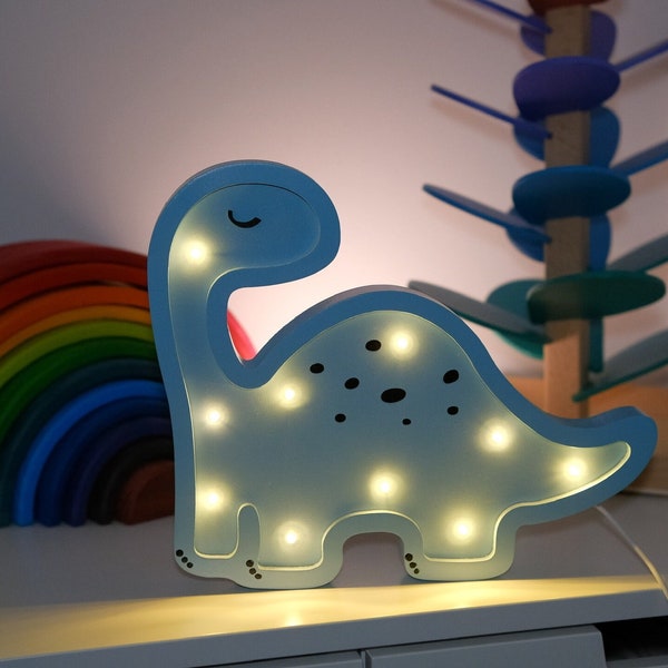 Luz de noche de madera | Dinosaurios | Brontosaurio | Cuello largo | Lámpara | Puerto USB-A | para colgar o colocar en la habitación de los niños