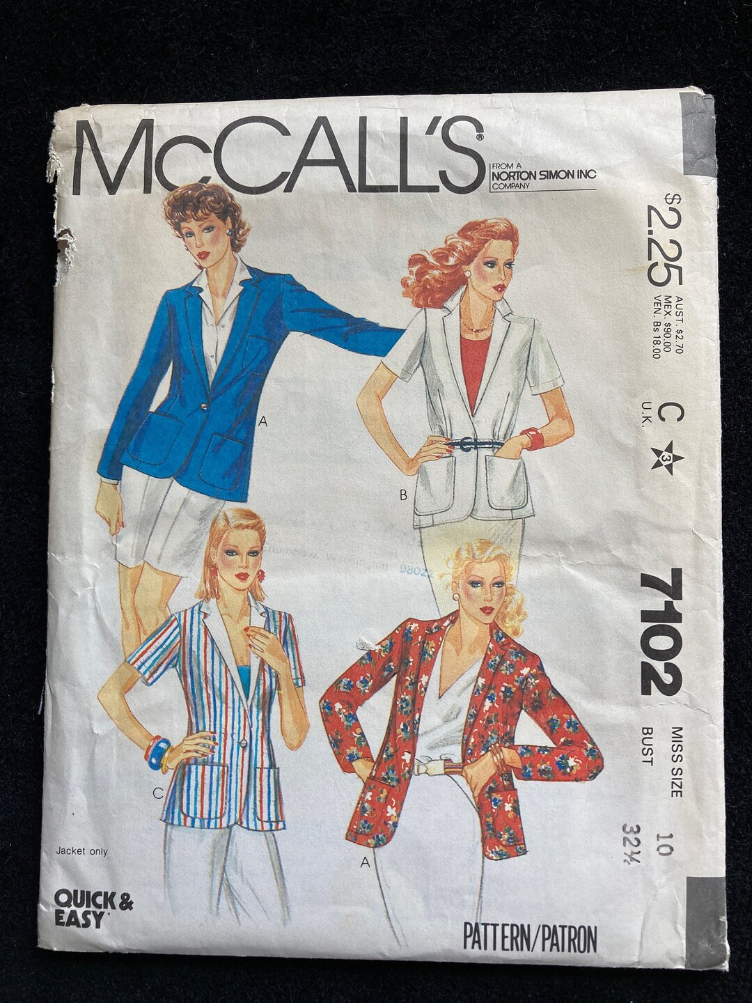 Simplicity 7102 Pattern Vintage 1980 Jacket Pattern, Mccall's 7102 Misses' Size 10 - Etsy