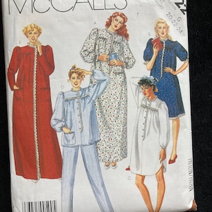 May include: McCall's sewing pattern number P922 for sizes 20-22-24. The pattern includes five different styles of nightgowns and pajamas. The nightgowns are all long-sleeved and have a lace trim. The pajamas are a long-sleeved top and pants set. The pattern is printed on a white background with a black border.