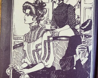 May include: Black and white illustration of a woman wearing a Gibson Girl blouse with a high collar and a decorative lace trim. The illustration is from a vintage sewing pattern for a Gibson Girl Blouse, Folkwear 205, and includes the text "Patterns from Times Past" and "Schields Folkwear 1978".