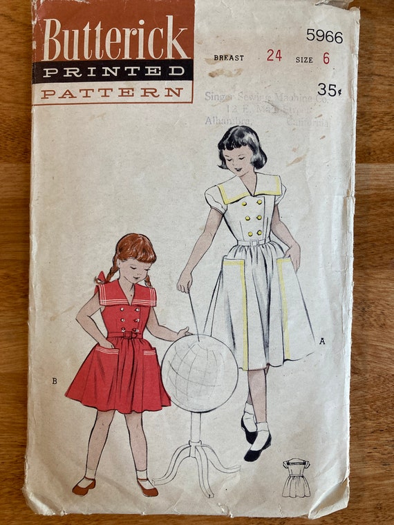 Butterick 5966 Vintage 1950 Girl's Size Sailor Dress, Cut and
