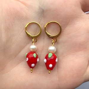 Lamp work strawberry and freshwater Pearl gold huggie hoop earrings lever back handmade glass fruit earrings murano glass jewellery