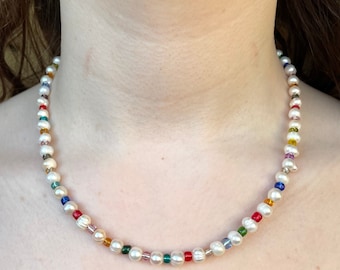 Multicoloured choker necklace Handmade fresh water Pearl necklace necklace choker beaded birthday Christmas gift present Rainbow