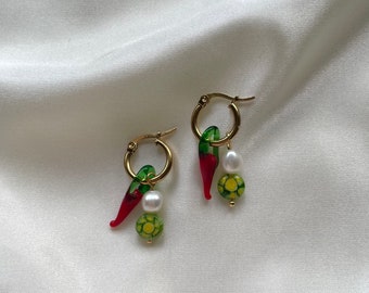 Lamp work chilli gold huggie hoop earrings lever back handmade earrings glass food earrings murano glass drop earrings jewellery cute fun