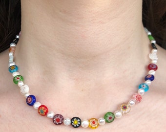 Millefiori and fresh water pearl handmade beaded necklace rainbow multi coloured Harry styles necklace millefiori jewellery cute necklace