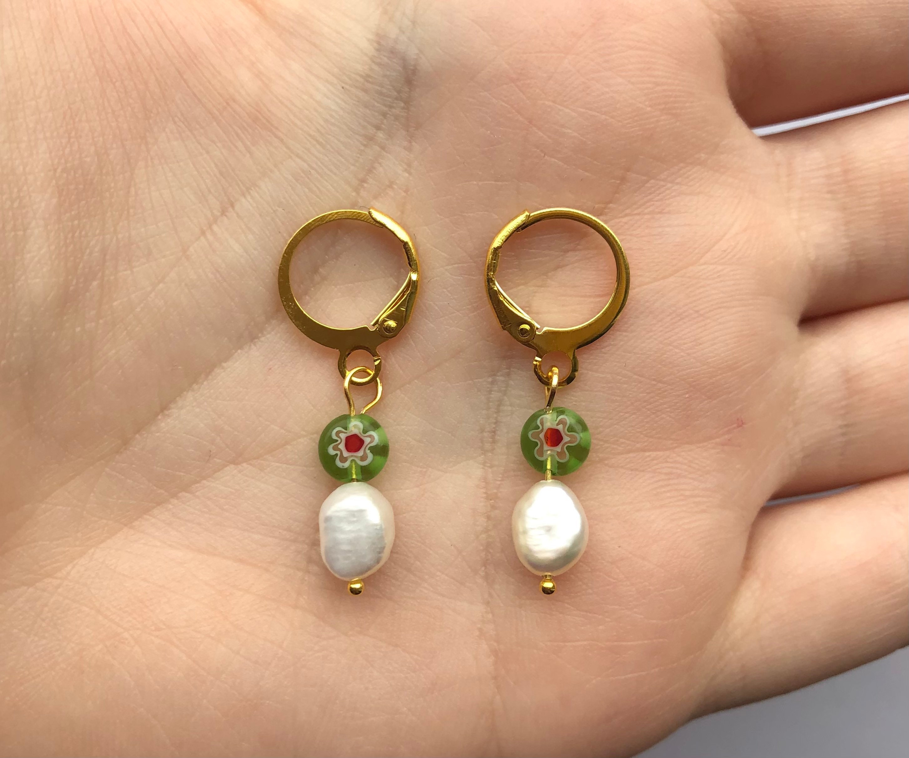 Green Millefiori and fresh water Pearl gold huggie hoop earrings leve…