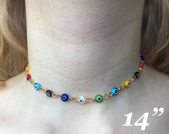Handmade gold evil eye murano glass necklace evil eye jewellery rosary chain multi coloured necklace millefiori beaded choker lampwork