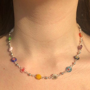 Millefiori necklace rosary chain handmade rainbow multi coloured Harry styles necklace silver spacer beads rosary chains