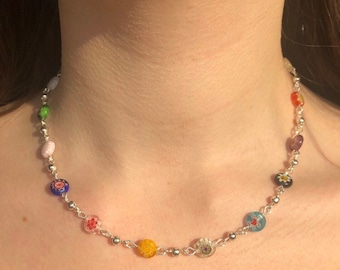 Millefiori necklace rosary chain handmade rainbow multi coloured Harry styles necklace silver spacer beads rosary chains