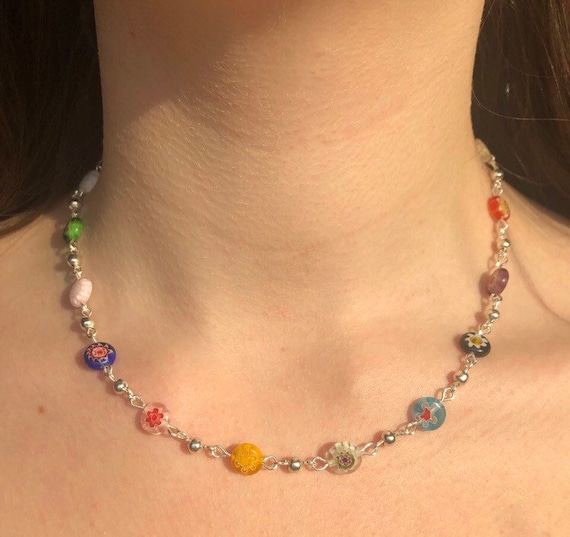 Millefiori necklace rosary chain handmade rainbow multi coloured Harry styles necklace silver spacer beads rosary chains