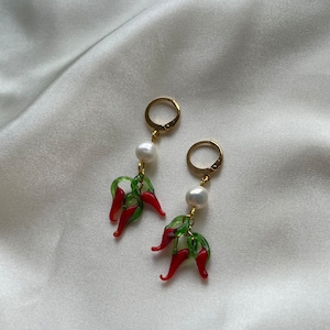 Lamp work chilli gold huggie hoop earrings lever back handmade earrings glass food earrings murano glass drop earrings jewellery cute fun