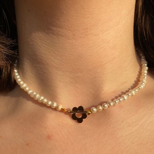 Handmade genuine Freshwater pearl beaded necklace 18k gold plated flower toggle clasp trendy Custom length handmade choker summer necklace image 1