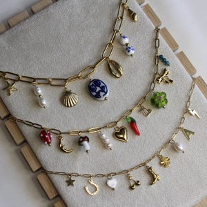 custom multi charm necklace, build your own charm necklace, personalised charm jewellery gold colourful customised beaded charm gift for her