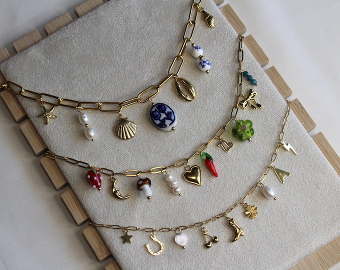 custom multi charm necklace, build your own charm necklace, personalised charm jewellery gold colourful customised beaded charm gift for her