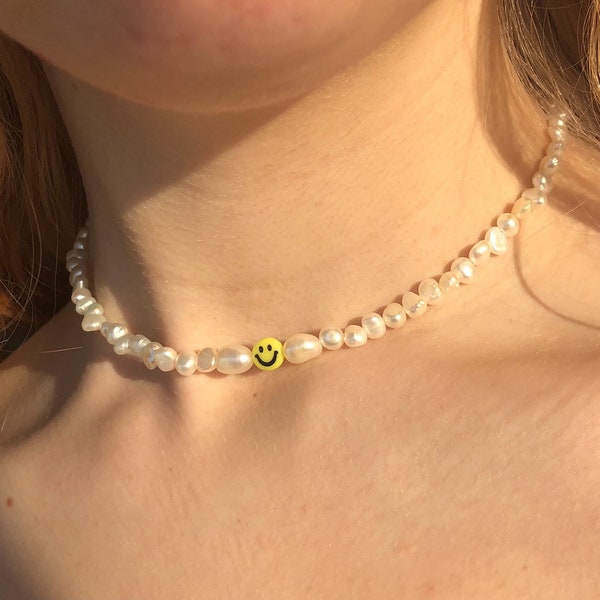 Freshwater pearl necklace Handmade smiley face necklace fresh water Pearl necklace Custom length necklace Pearl choker 2022 necklace trendy