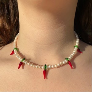 Handmade Freshwater pearl red lampwork chilli necklace trendy beaded necklace Custom length handmade choker summer necklace