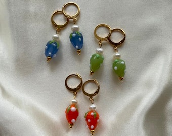 Lampwork orange green blue strawberry and freshwater Pearl gold huggie hoop earrings lever back handmade glass fruit murano glass jewellery