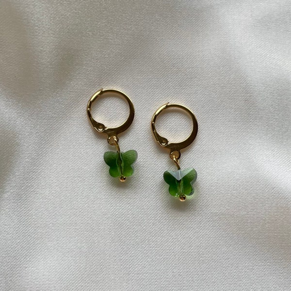 Glass sparkly emerald green butterfly huggie hoop earrings lever back handmade earrings dainty small drop earrings elegant gift jewellery
