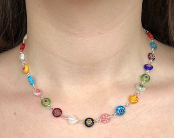 Millefiori necklace rosary chain handmade rainbow multi coloured Harry styles necklace millefiori beaded flower choker millefiori jewellery