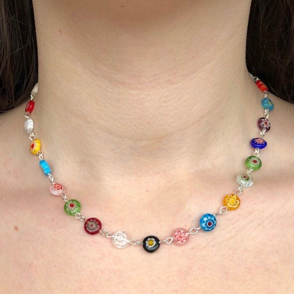 Millefiori necklace rosary chain handmade rainbow multi coloured Harry styles necklace millefiori beaded flower choker millefiori jewellery