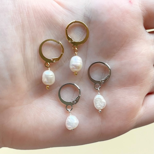 fresh water Pearl gold and silver huggie hoop earrings lever back handmade earrings freshwater Pearl drop earrings jewellery