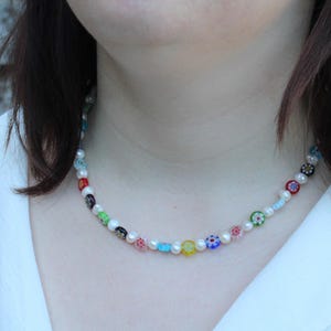 Millefiori and fresh water pearl handmade beaded necklace rainbow multi coloured Harry styles necklace millefiori jewellery cute necklace