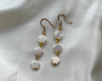 Pearlescent shell flower gold and silver huggie hoop earrings lever back handmade drop dainty summer elegant simple summer trendy jewellery