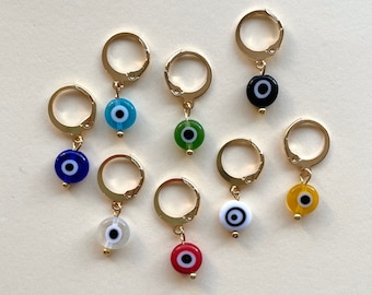 Glass lampwork Evil eye gold huggie hoop earrings lever back handmade earrings dainty drop earrings  glass evil eye jewellery