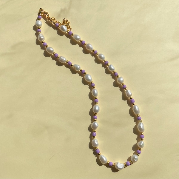 Lilac seed bead purple and gold Freshwater pearl necklace Handmade beaded Custom length necklace Summer piece choker unique pretty