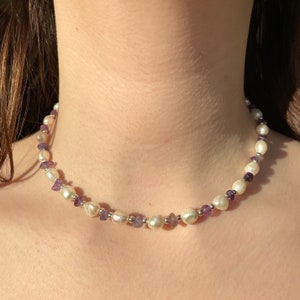Freshwater Pearl and purple amethyst chip Handmade necklace fresh water Pearl necklace Custom length choker 2022 necklace trendy