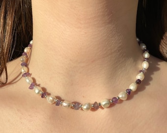 Freshwater Pearl and purple amethyst chip Handmade necklace fresh water Pearl necklace Custom length choker 2022 necklace trendy