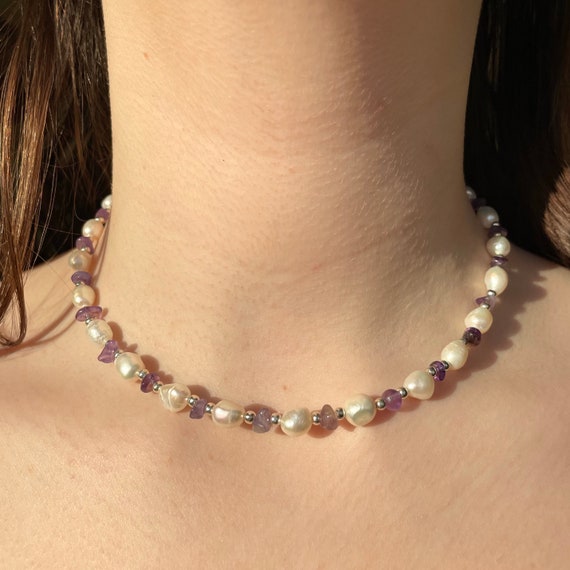 Freshwater Pearl and Purple Amethyst Chip Handmade Necklace Fresh