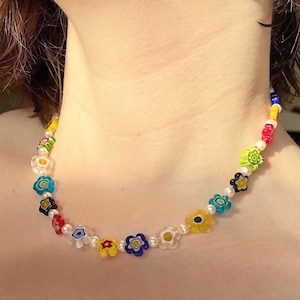 Chunky multicoloured Millefiori flower and freshwater pearl handmade beaded necklace millefiori jewellery cute necklace trendy statement