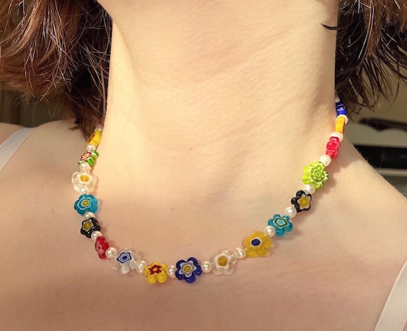 Chunky multicoloured Millefiori flower and freshwater pearl handmade beaded necklace millefiori jewellery cute necklace trendy statement