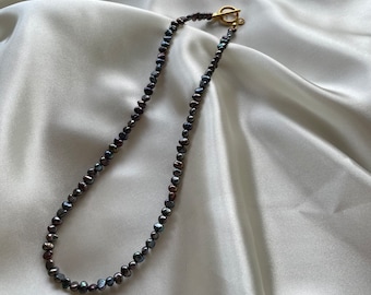Handmade genuine black Freshwater pearl beaded necklace gold front toggle clasp trendy Custom length handmade choker unique size plain