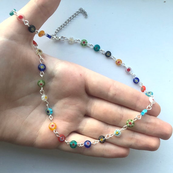 Millefiori Necklace Flower Necklace Rosary Chain Handmade Rainbow