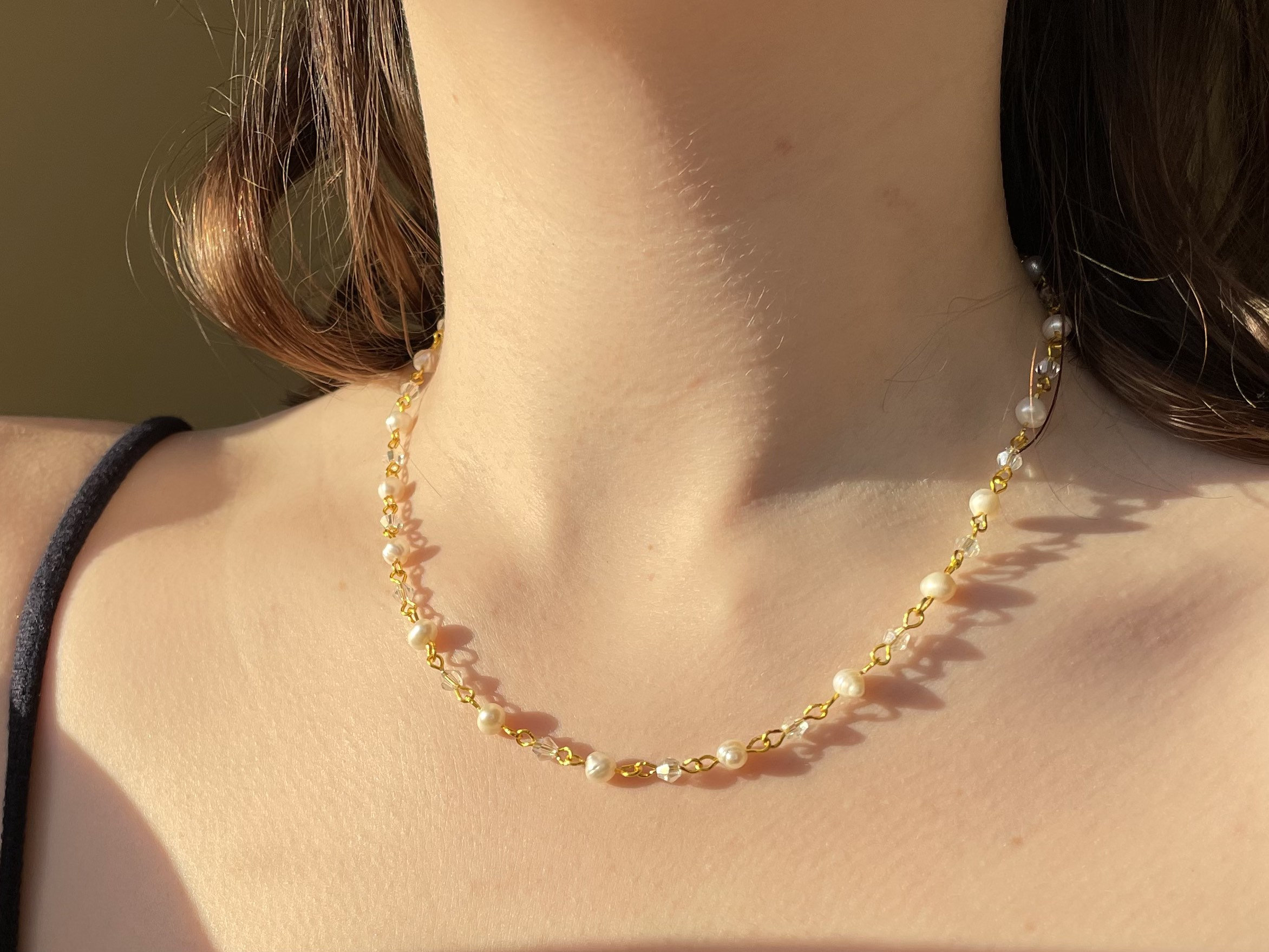 fresh water Pearl and sparkly clear bicone gold rosary chain handmade beaded necklace choker custom length genuine fresh water Pearl