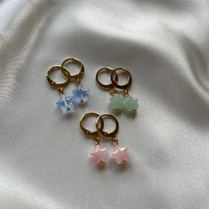 Glass pink green blue star gold and silver huggie hoop earrings lever back handmade drop dainty cute small elegant simple trendy jewellery