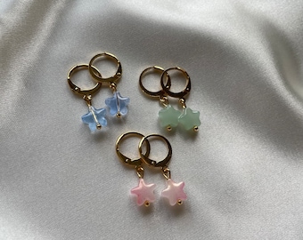 Glass pink green blue star gold and silver huggie hoop earrings lever back handmade drop dainty cute small elegant simple trendy jewellery