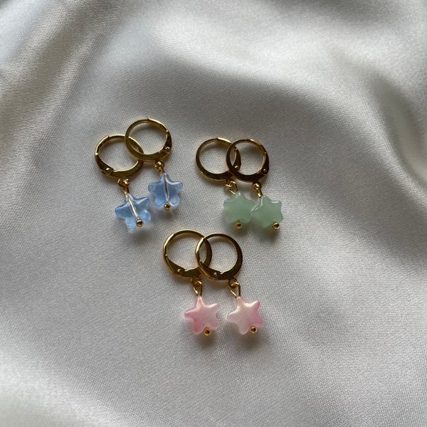 Glass pink green blue star gold and silver huggie hoop earrings lever back handmade drop dainty cute small elegant simple trendy jewellery