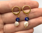 Evil eye and fresh water Pearl gold huggie hoop earrings lever back handmade earrings freshwater Pearl drop earrings evil eye jewellery