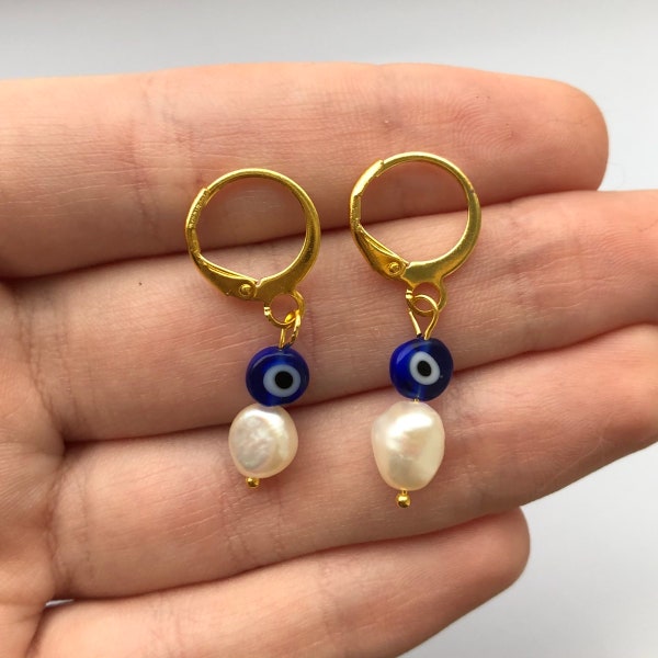 Evil eye and fresh water Pearl gold huggie hoop earrings lever back handmade earrings freshwater Pearl drop earrings evil eye jewellery