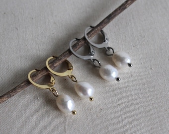 freshwater Pearl hoop earrings lever back jewellery real pearl wedding bridal bridesmaid gift for her wedding 18k gold stainless steel