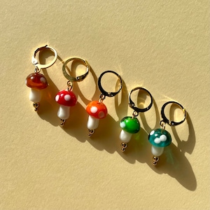 Lamp work mushroom gold silver huggie hoop earrings lever back handmade glass plant earrings murano glass jewellery cottage core summer