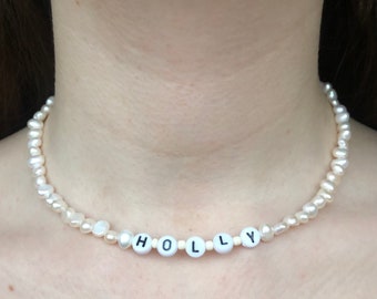 Custom fresh water pearl Name choker custom name necklace Handmade Custom name word necklace beaded birthday Christmas gift present